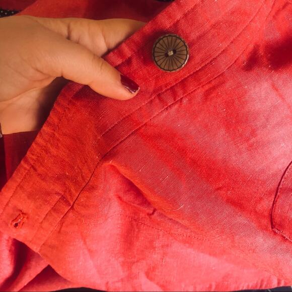 ANTHROPOLOGIE Red Pink Ruffle Tiered Silk Linen Wrap Mini Knee Length Skirt 0 - Picture 5 of 8